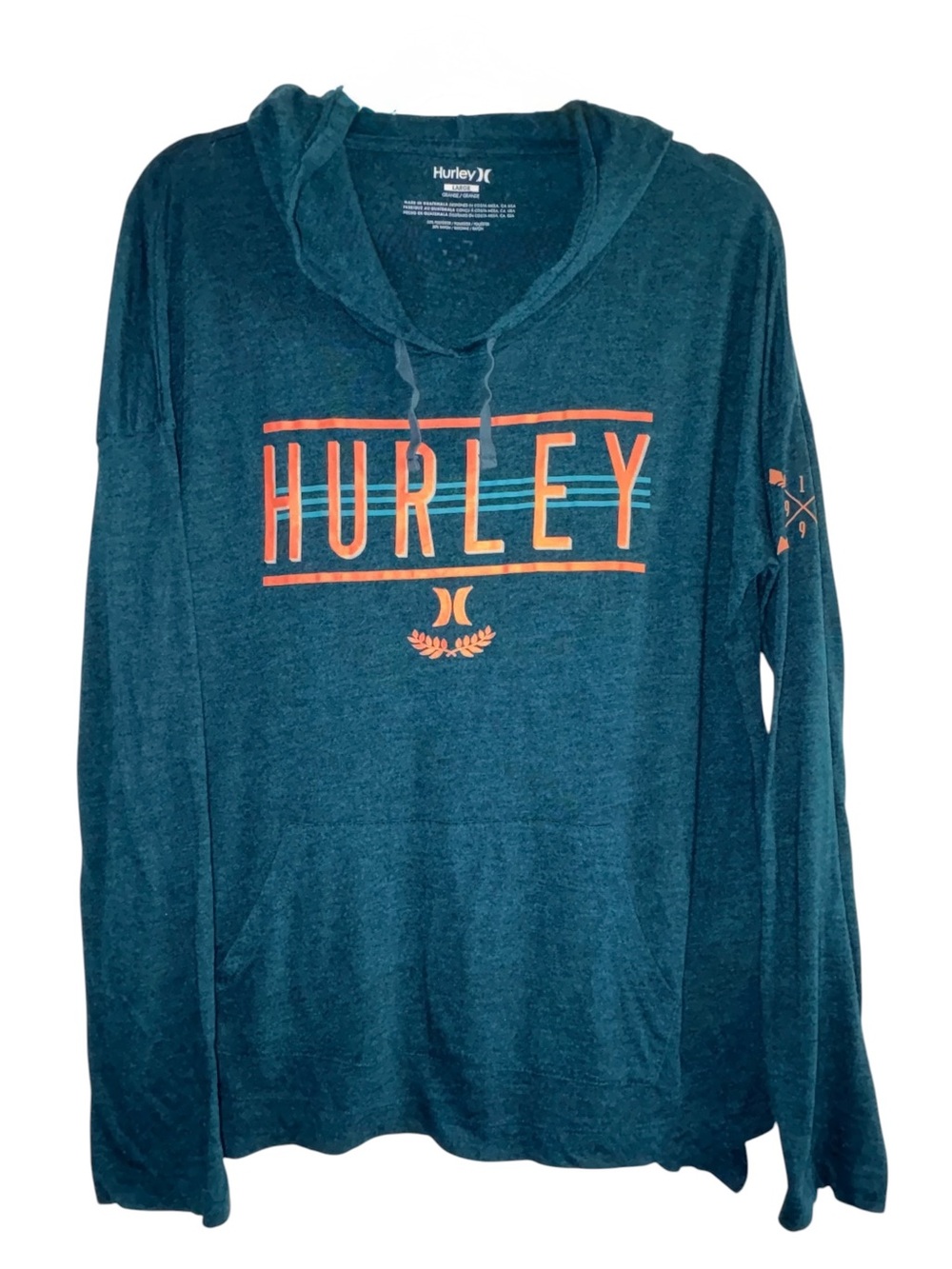 Hurley Teal Hooded Long-Sleeve Shirt with Coral Logo